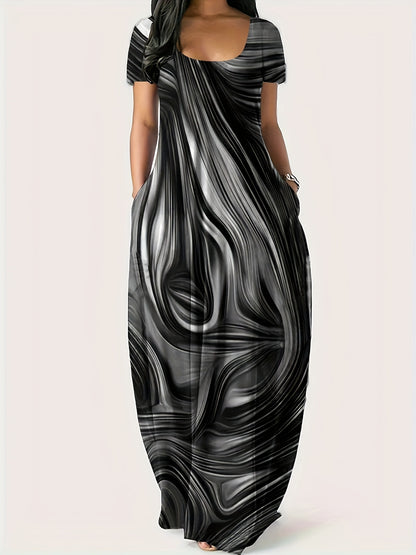 [1pc Plus Size Geometric Print Maxi Dress] 1pc Plus Size Geometric Print Maxi Dress, Stretchy Polyester Knit, Round Neck, Short Sleeve, Casual Loose Fit with Pockets, All-Season Versatile Style