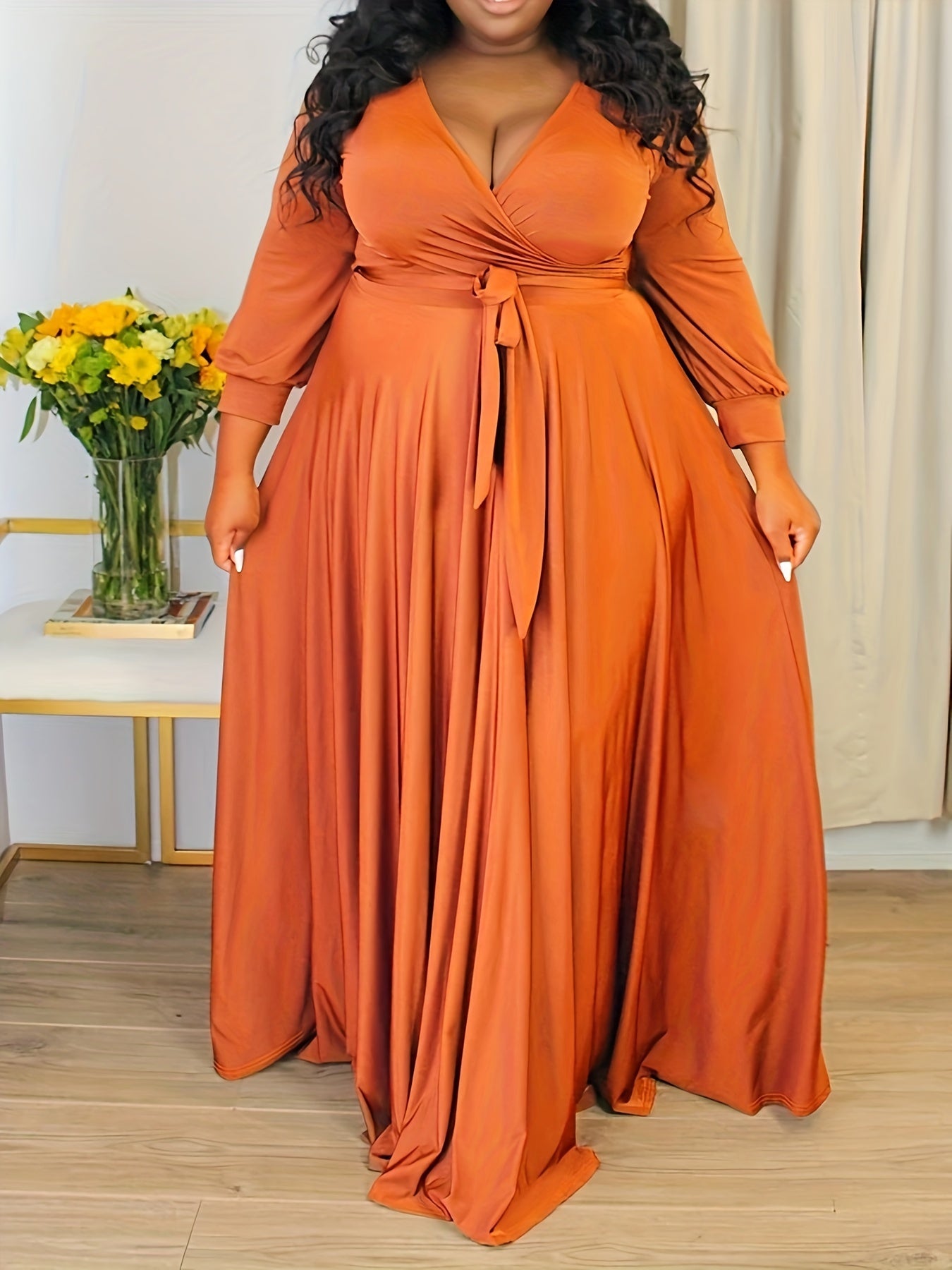 Plus Size Solid Color Tie Waist Dress, Elegant Long Sleeve Surplice Neck Maxi Dress For Spring & Fall, Women's Plus Size Clothing