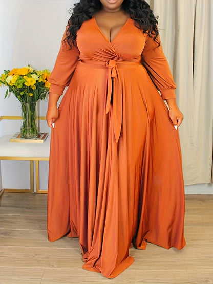 Plus Size Solid Color Tie Waist Dress, Elegant Long Sleeve Surplice Neck Maxi Dress For Spring & Fall, Women's Plus Size Clothing