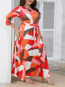 Elegant Women's Plus-Size Dress with Tie Waist, Casual Fashionable Long Sleeve Camouflage Print Knit Fabric with Pocket, X-Shape Fit, Round Neck, Straight Hem, No Bra Pad - Spring/Summer/Autumn