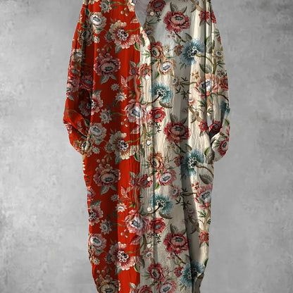 Plus Size - Elegant Floral Print Maxi Dress with Long Sleeves - Blue & White Floral Design, Button-Up Front, Casual Style for Women, All-Season Wear, Casual Summer Dress | Floral Print Dress | Nonstretch Fabric