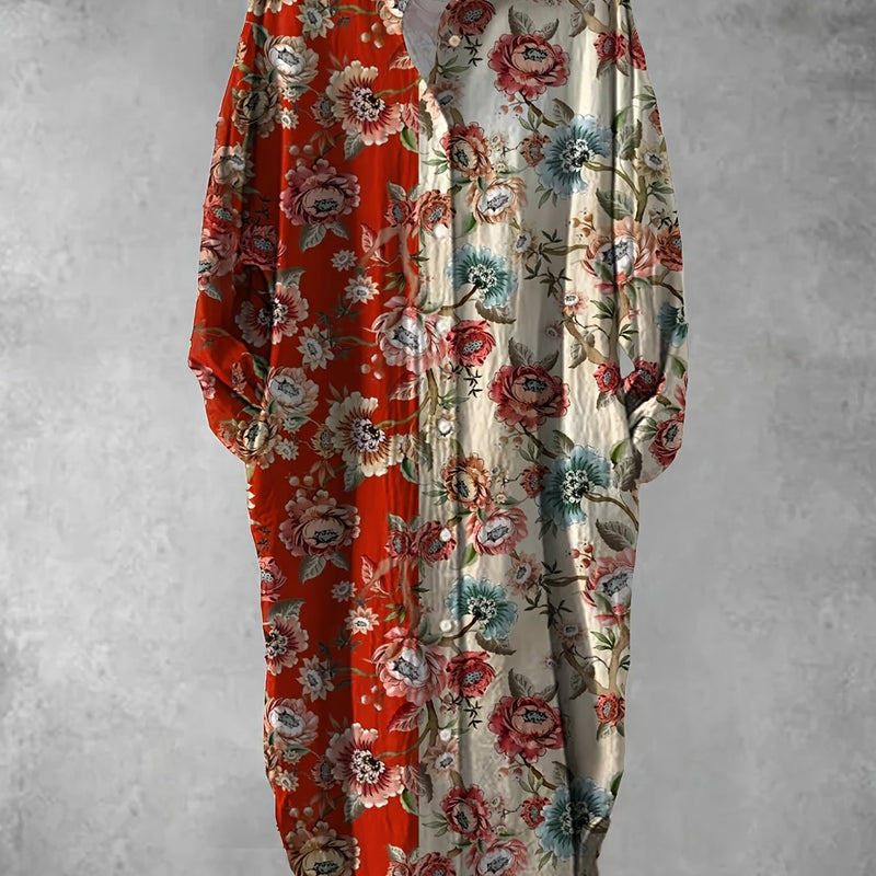 Plus Size - Elegant Floral Print Maxi Dress with Long Sleeves - Blue & White Floral Design, Button-Up Front, Casual Style for Women, All-Season Wear, Casual Summer Dress | Floral Print Dress | Nonstretch Fabric