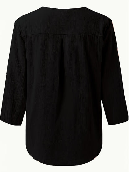 V-Neck Button-Up Top - Loose Fit Solid Color Pullover, Fashionable Casual V-Neck Shirt for Women, Relaxed Fit, Non-Stretch Cotton Linen Blouse