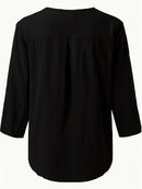 V-Neck Button-Up Top - Loose Fit Solid Color Pullover, Fashionable Casual V-Neck Shirt for Women, Relaxed Fit, Non-Stretch Cotton Linen Blouse