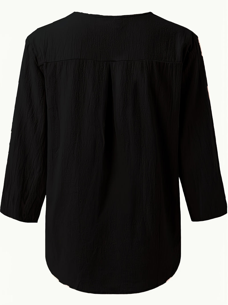V-Neck Button-Up Top - Loose Fit Solid Color Pullover, Fashionable Casual V-Neck Shirt for Women, Relaxed Fit, Non-Stretch Cotton Linen Blouse