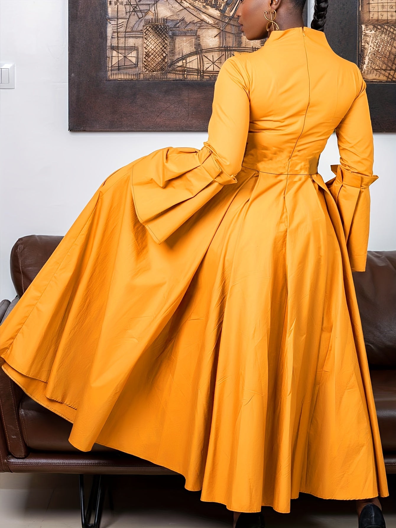Plus Size Solid Color Dress, Elegant Flare Sleeve V Neck Dress For Spring & Fall, Women's Plus Size Clothing