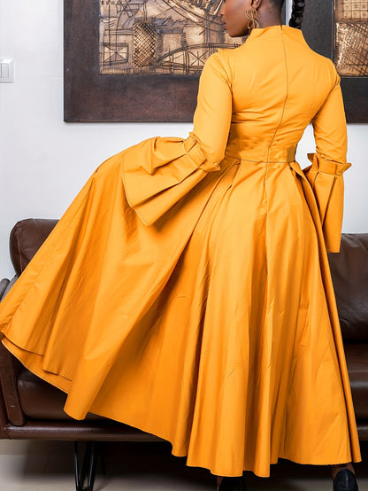 Plus Size Solid Color Dress, Elegant Flare Sleeve V Neck Dress For Spring & Fall, Women's Plus Size Clothing
