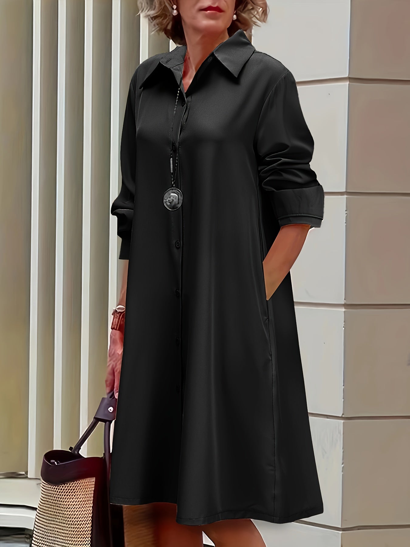 Plus Size Casual Dress, Women's Plus Solid Button Up Long Sleeve Turn Down Collar Shirt Dress