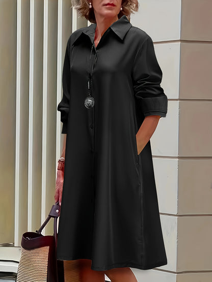 Plus Size Casual Dress, Women's Plus Solid Button Up Long Sleeve Turn Down Collar Shirt Dress