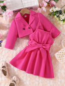 Baby Girls Fashion Button Long Sleeve Lapel Collar Coat + Bow Pleated Suspender Skirt Two-piece Set Outdoor Clothing