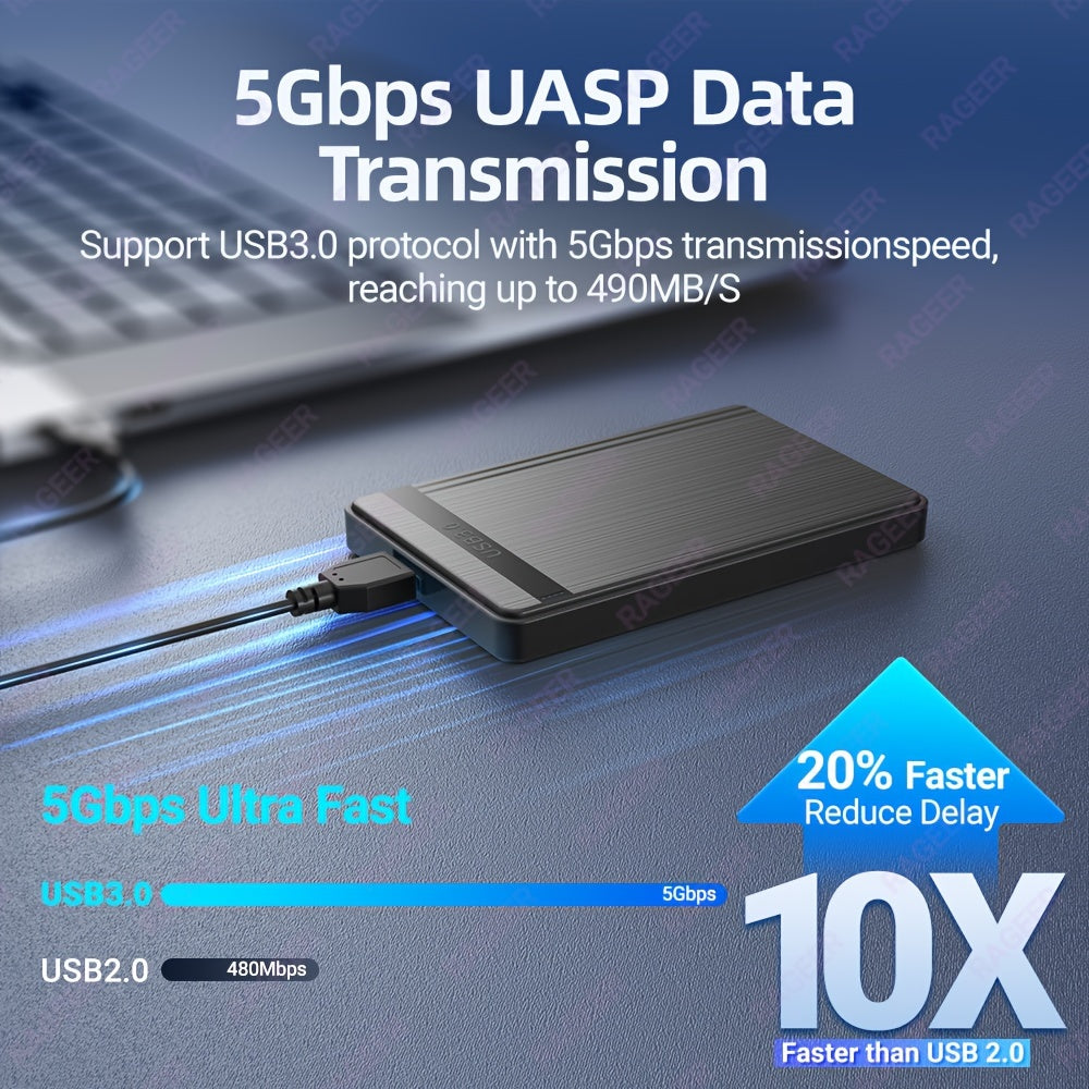 Rageer USB 3.0 Sata 2.5" Hdd Enclosure - High-Speed Data Transfer, Easy Install, Fits 7mm/9.5mm Drives, Compatible With Laptops & Pcs