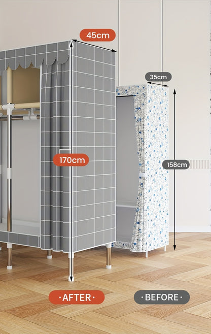 Simplified assembly of steel pipes with thickened reinforcement and 10 large capacity storage racks and 3 hanging clothes poles for storing wardrobes, easy and convenient assembly of checkered fabric cabinets