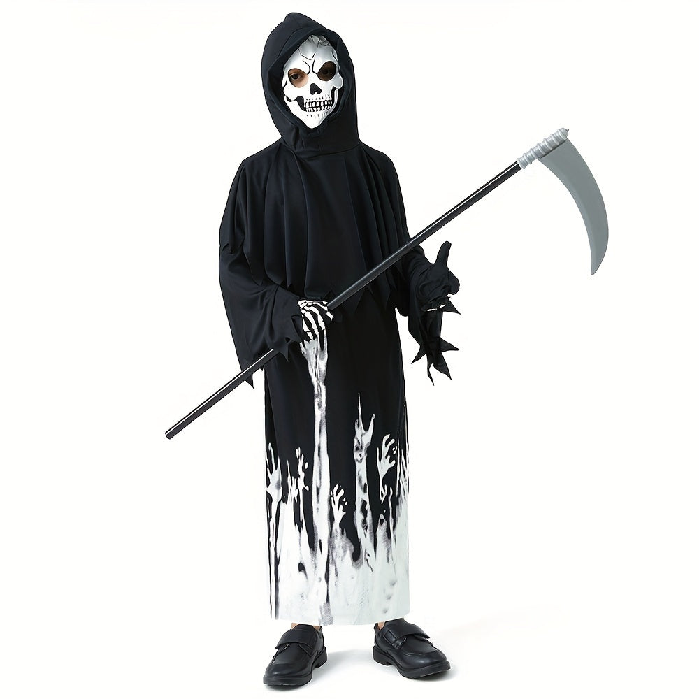 [Fast Arrival] 1pc Luminous Grim Reaper Costume for Kids - Halloween Party Storytelling, Role-Playing Performance Outfit with Hooded Jumpsuit, Gloves & Sickle, Polyester Material, Non-Transparent, Knitted Fabric, Solid Color,