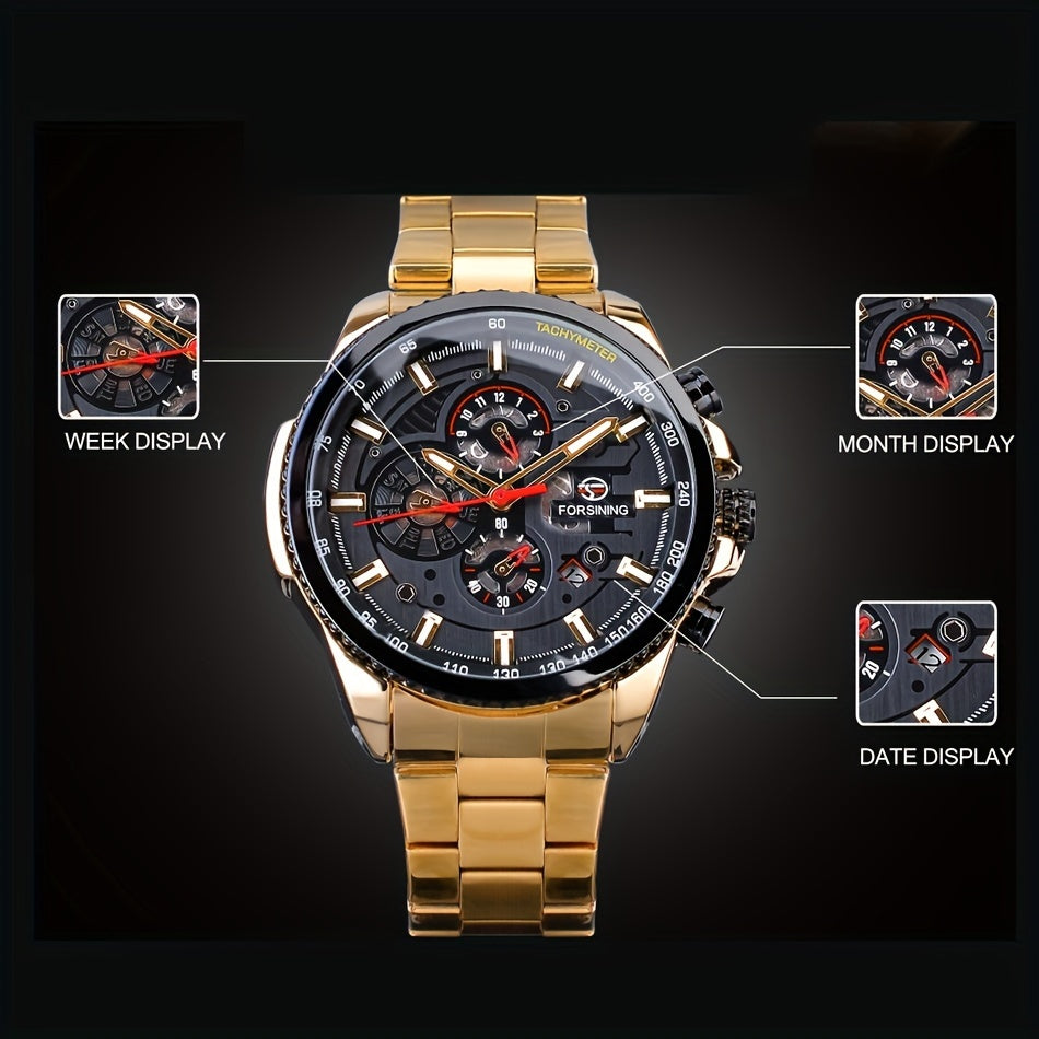 F0RSINING Men's Automatic Mechanical Watch with Calendar - Stainless Steel Band, Zinc Alloy Case, Business Style