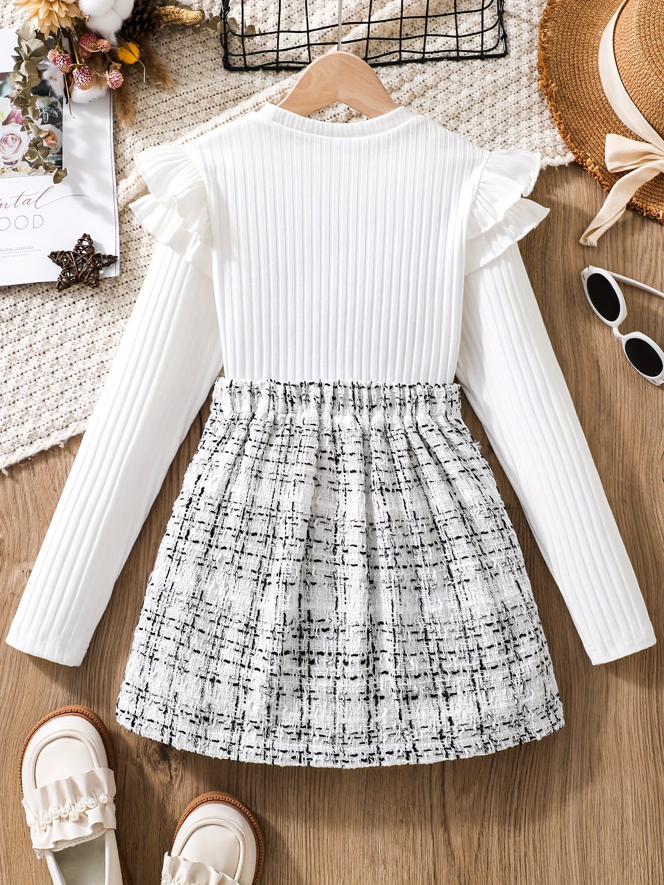 Conjunto de 2 piezas: top de manga larga con volantes y falda de punto de tweed - Ropa de primavera/otoño, atuendo para niñas al aire libre, regalo