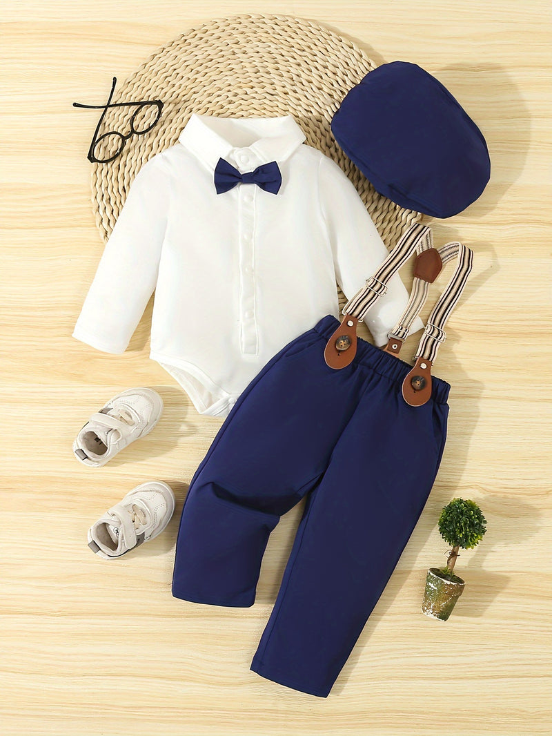 Conjunto de caballero para bebé primavera/otoño: mono con pajarita, pantalón con tirantes y gorro. Traje para bebé y niño pequeño para ocasiones formales al aire libre, fotografía, cumpleaños y bodas. Ropa de exterior.
