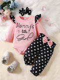 Adorable 3pcs Outfit For Baby Girls - Romper, Ruffle Sleeve Bodysuit, Cartoon Print Pants & Headband Set!