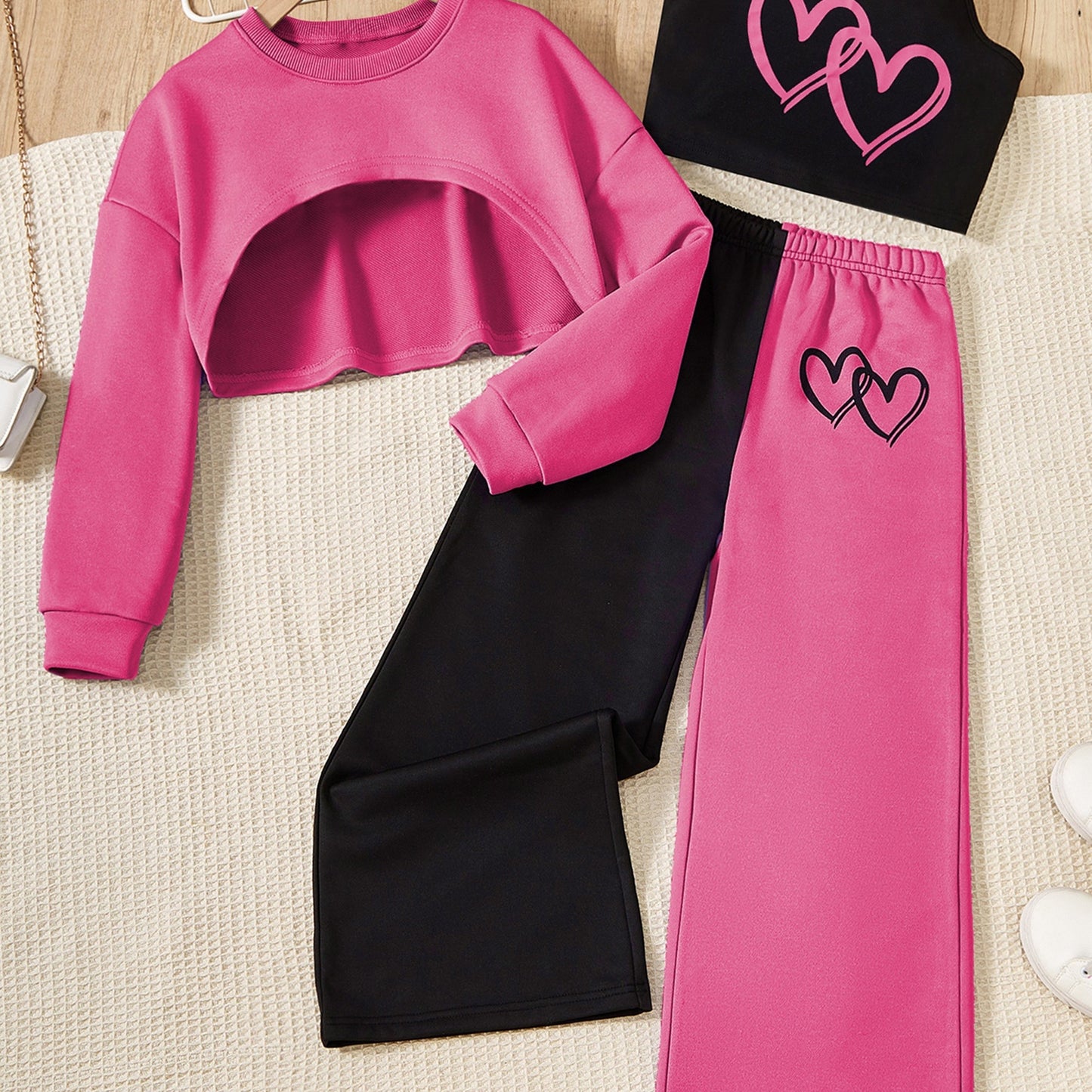 Conjunto para niña: camisola con estampado de corazones, top de manga larga y pantalón de exterior con bloques de color. Conjunto informal de 3 piezas para primavera y otoño. Regalo.