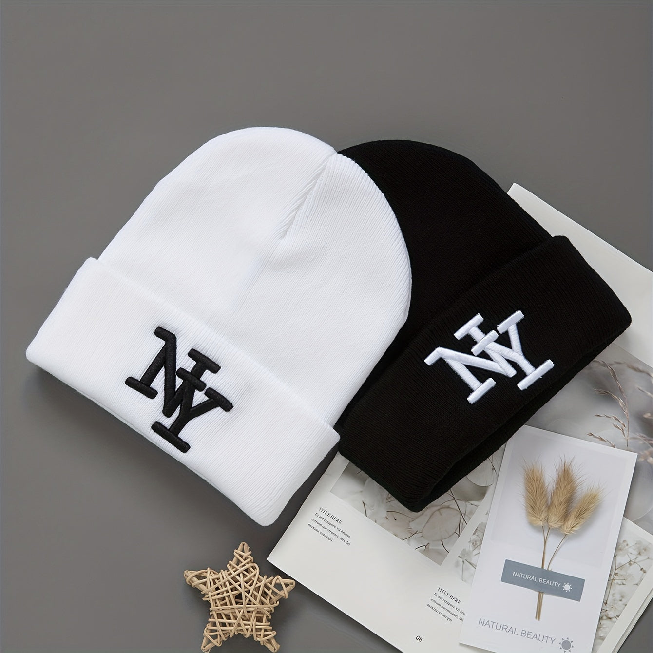 2-Pack Unisex Winter Beanie Hats, Solid Color Knitted Polyester Outdoor Warm Caps, Hand Washable, Fashionable Daily Wear for Men and Women