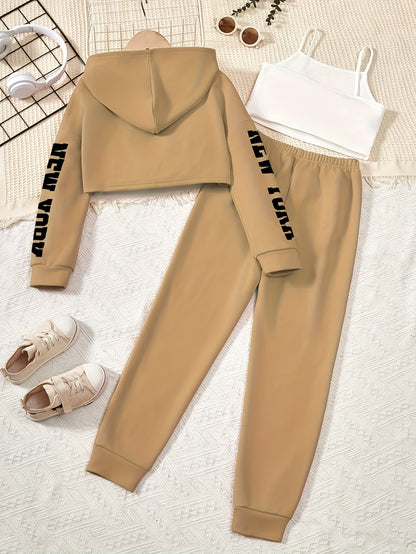 Girls' 3pcs Fashion Outfit, Short Hoodie and Tank Top with Athletic Pants Set, New York Print Casual Long Sleeve Top, Kids Spring/Summer/Autumn/Winter Clothing, Knitted Fabric, Stretchy, Letter Pattern, Regular Fit, Polyester