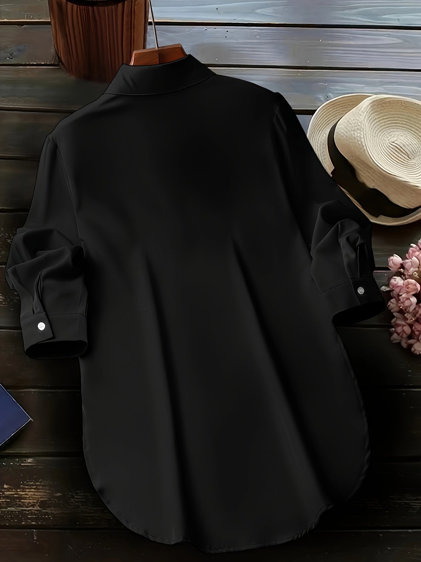 Blusa de talla grande con dobladillo curvo, informal, con cuello abotonado para primavera, ropa de talla grande para mujer.