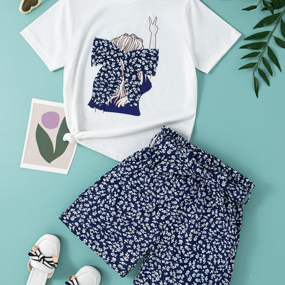 Girls' Summer Casual Outfit Set - Cartoon Print Bow T-Shirt & Floral Shorts with Belt, Breathable Polyester Blend, Perfect for Outdoor
