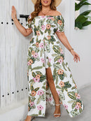 Women'S Plus Size Off-the-Shoulder Tropical Print Jumpsuit with Short Sleeves, Split Hem, and Floral Accents - Ideal for Beach, Vacation, and Summer Events, Beach Attire|Tropical Print Jumpsuit|Floral Accents, Beach Clothes