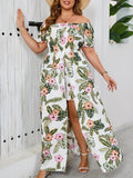 Women's Plus Size Off-the-Shoulder Tropical Print Jumpsuit with Short Sleeves, Split Hem, and Floral Accents - Ideal for Beach, Vacation, and Summer Events, Beach Attire|Tropical Print Jumpsuit|Floral Accents, Beach Clothes