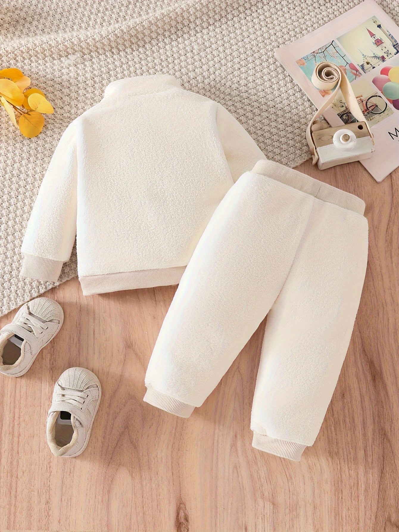 2pcs Baby's Warm Fuzzy Stand Collar Long Sleeve Top & Casual Pants, Toddler & Infant Boy's Clothing Set For Fall Winter, Outdoor Cloth