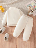 2pcs Baby's Warm Fuzzy Stand Collar Long Sleeve Top & Casual Pants, Toddler & Infant Boy's Clothing Set For Fall Winter, Outdoor Cloth