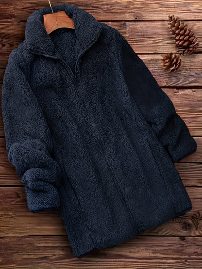Plus Size Solid Color Fuzzy Coat, Casual Zipper Front Long Sleeve Warm Outerwear For Fall & Winter, Women's Plus Size Clothing