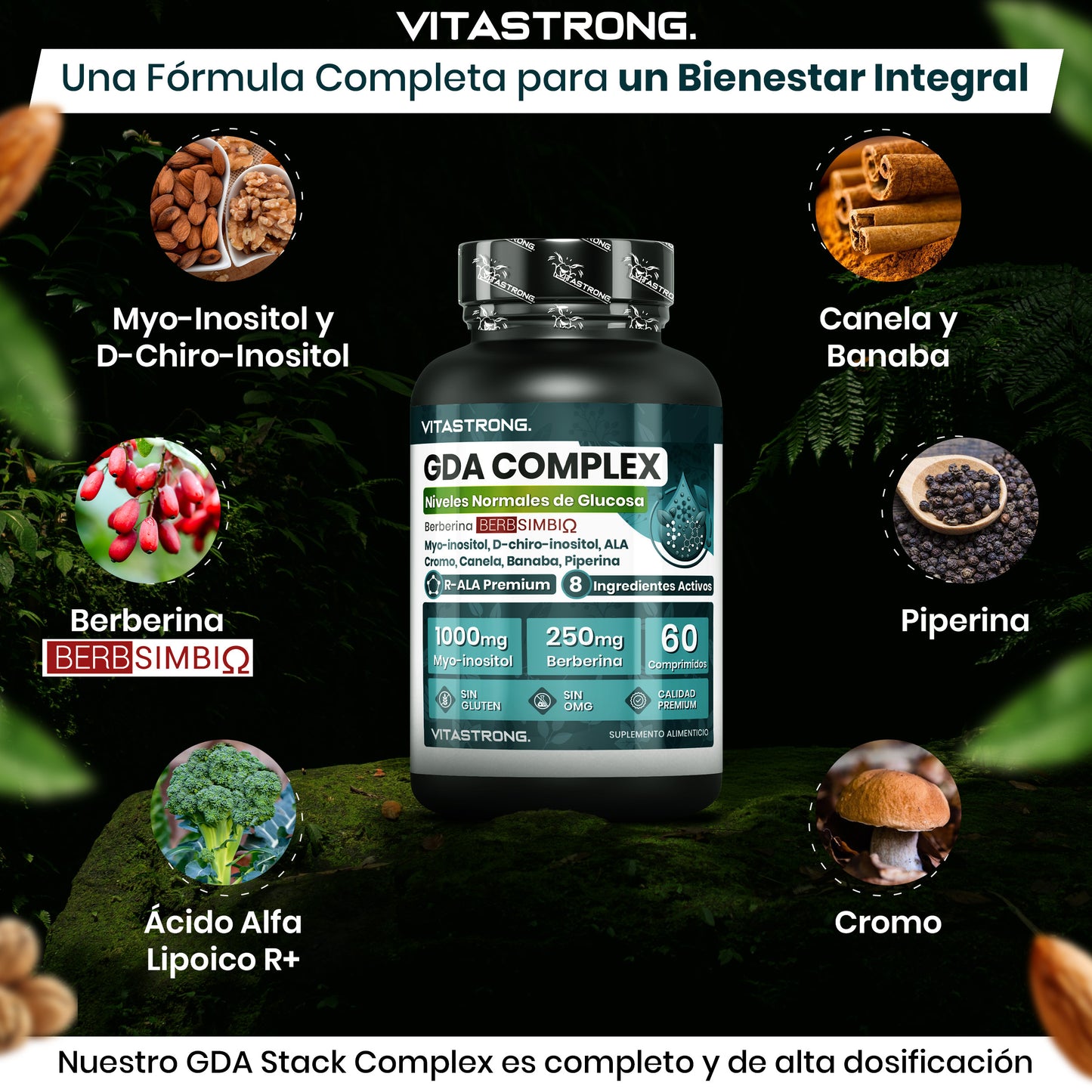 GDA Vitastrong Vegan Supplement, Berberine Lipid Complex with BerbSIMΒΙΩ 250mg, Myo-Inositol 1000mg, Alpha Lipoic Acid, Plant Extracts, Chromium for Normal Blood Glucose Levels, GMO-Free