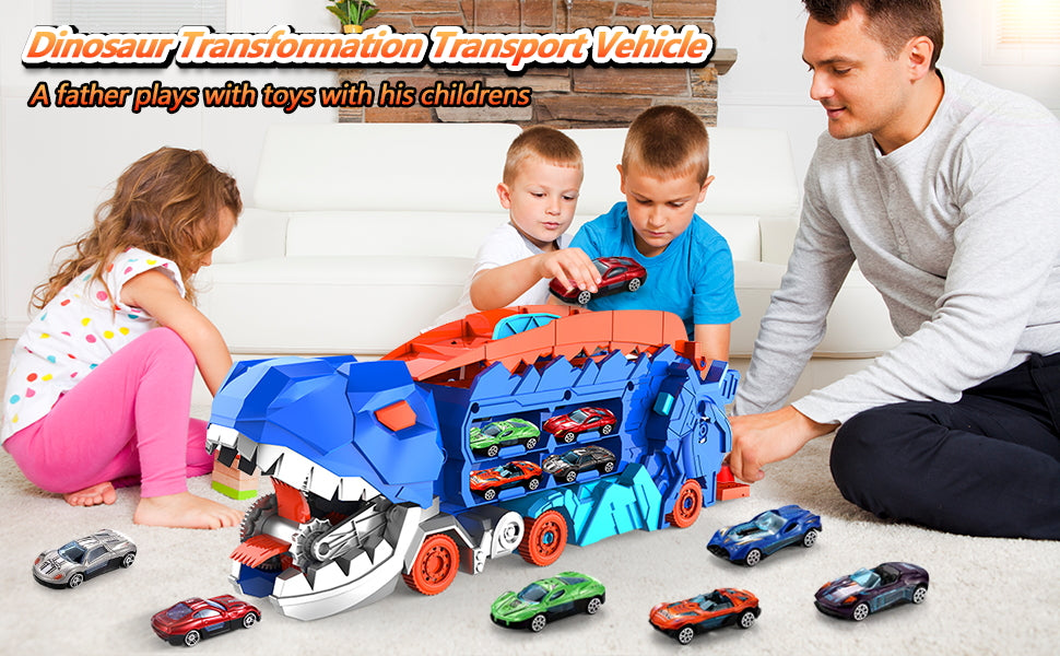 Transport Dinosaur Truck with Foldable into Standing Transforms Sliding Race Track T-rex Best Birthday Gifts Toys Boys And Girls