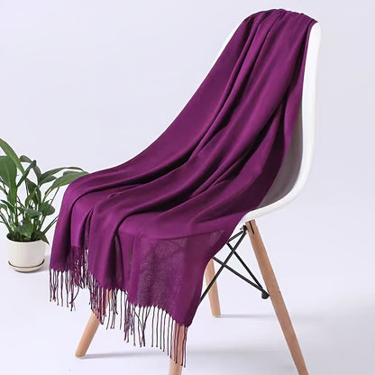 1pc Elegant and simple plain tassel long scarf with warm and versatile thin fabric, suitable for daily wear in all seasons, can also be used as a lady's air-conditioning shawl