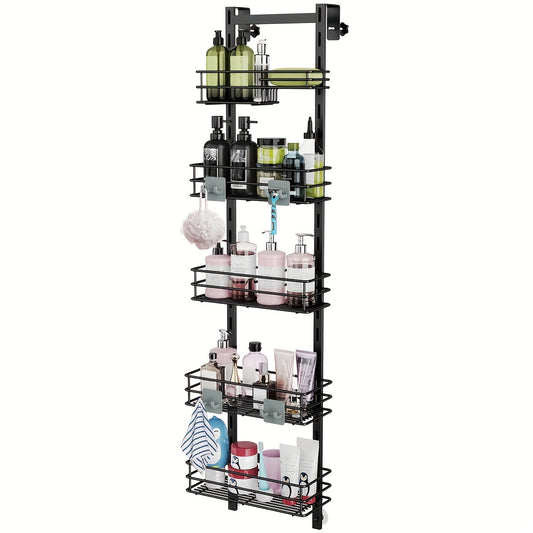 1pc Five Layers Adjustable Rack, Bathroom Hanging Door Type Shelf With Hook, Black, Shower Caddies, Bathroom Organizers And Storage Supplies, Home Organization And Storage Supplies, Bathroom Accessories