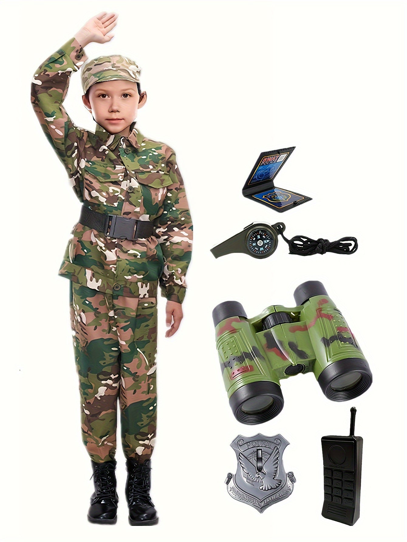 Boys' Camo Army Costume Set with Accessories - Includes Jacket, Pants, Hat & More - Perfect for Outdoor Play & School Activities