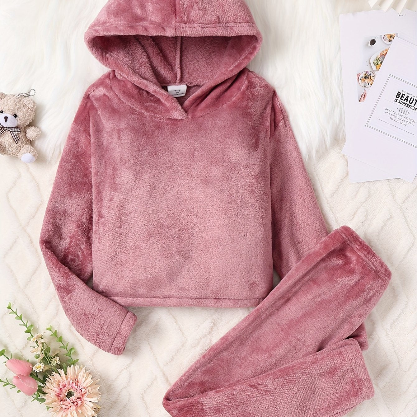 2 Pcs Girl's Cute Animal Ear Design Plus Velvet Thickened Clothing Sets, Warm Hooded Long Sleeve & Long Pants Set, Daily Outdoor Outfits For Autumn And Winter