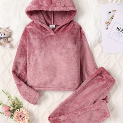 2 Pcs Girl's Cute Animal Ear Design Plus Velvet Thickened Clothing Sets, Warm Hooded Long Sleeve & Long Pants Set, Daily Outdoor Outfits For Autumn And Winter