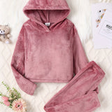 Conjunto de 2 piezas para niña con diseño de orejas de animal y terciopelo grueso, con capucha cálida, manga larga y pantalón largo, ideal para uso diario en otoño e invierno.