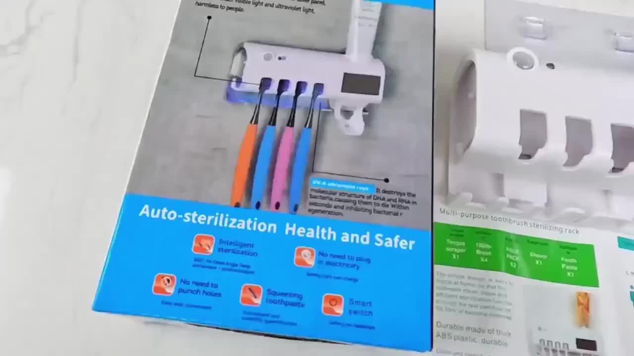 1pc Smart UV Disinfecting Toothbrush Holder with Solar Panel, Wall-Mounted 4-Slot Toothbrush Sanitizer and Squeegee Toothpaste Dispenser, Automatic Power-Off, Bathroom Accessory, No-Drill Installation, USB Rechargeable Lithiu