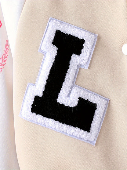 Alphabet LA Pattern Girl's Varsity Jacket, Raglan Color Block Thermal Lined Preppy Jacket Spring/ Fall Outerwear