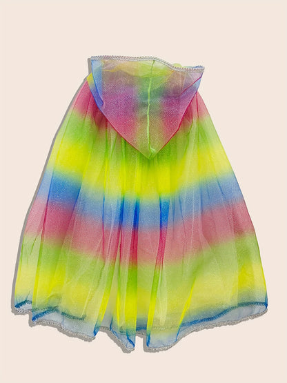 Capa de fiesta para niños de 3 a 8 años: tul colorido con rayas plateadas, mezcla de poliéster y elastano, corte holgado, tejido de punto para todo tipo de clima, disfraz de personaje divertido con detalle de botones.