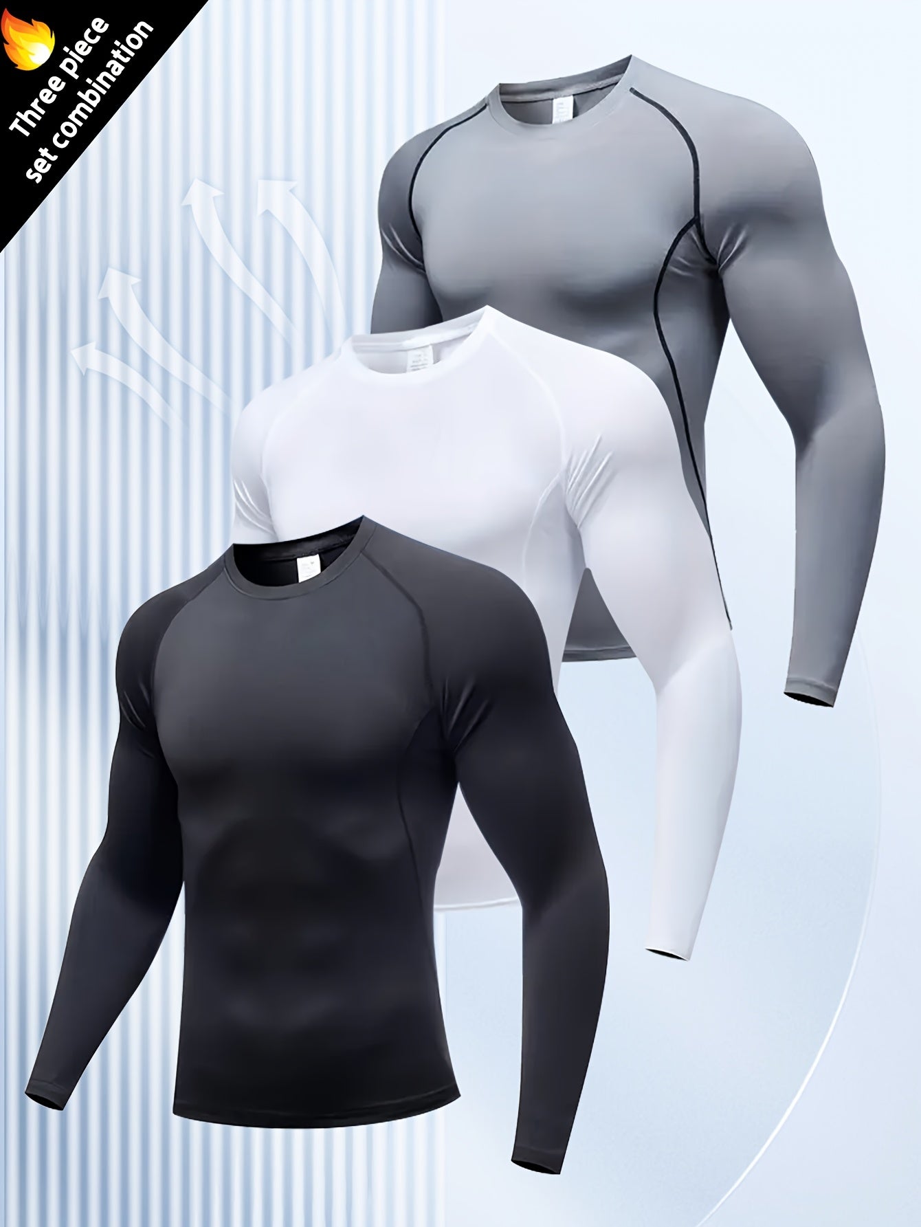 3pcs Men's Athletic Compression Long Sleeve Tops - Quick Dry, Moisture-Wicking & Breathable, High Stretch for Running, Yoga & Outdoor Activities, Casual, Sweat-wicking, Movement Style, Going Out Occasion, Leisure Outing Occas
