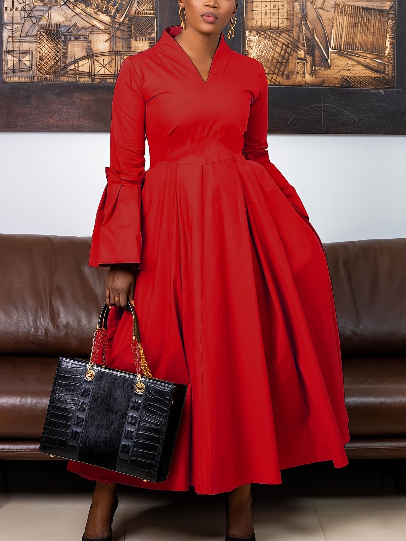 Plus Size Solid Color Dress, Elegant Flare Sleeve V Neck Dress For Spring & Fall, Women's Plus Size Clothing