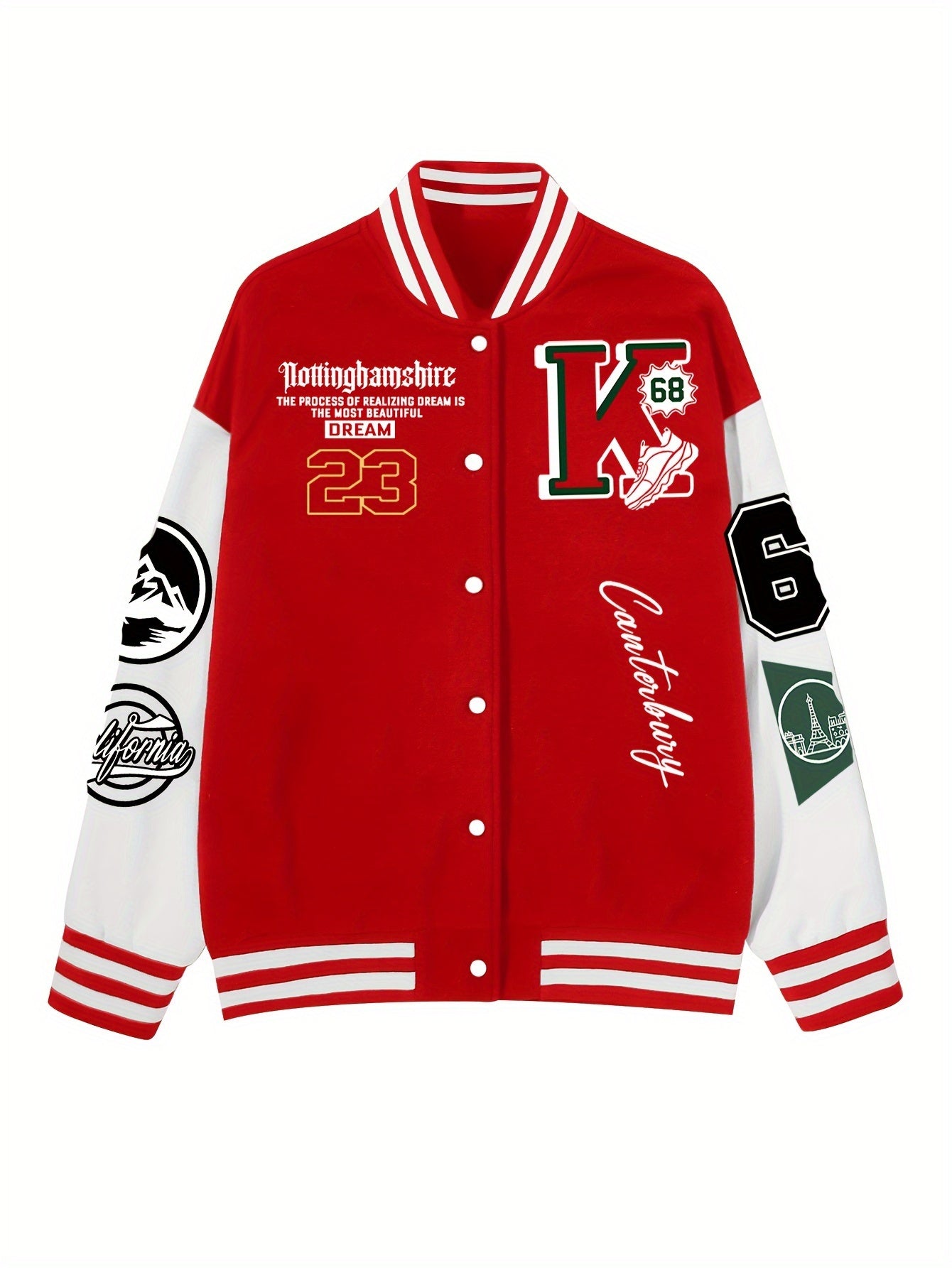 Chic Plus Size Women's Baseball Jacket - Casual Fall/Winter Coat with Letter Print, Button-Up Front, Machine Washable