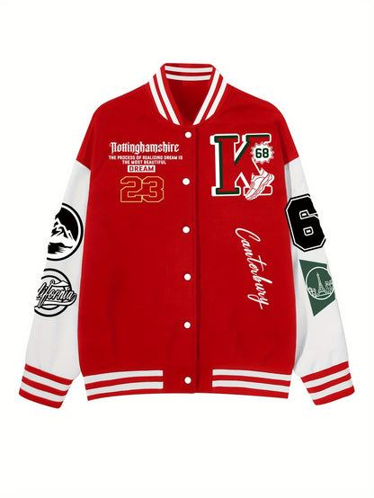Chic Plus Size Women's Baseball Jacket - Casual Fall/Winter Coat with Letter Print, Button-Up Front, Machine Washable