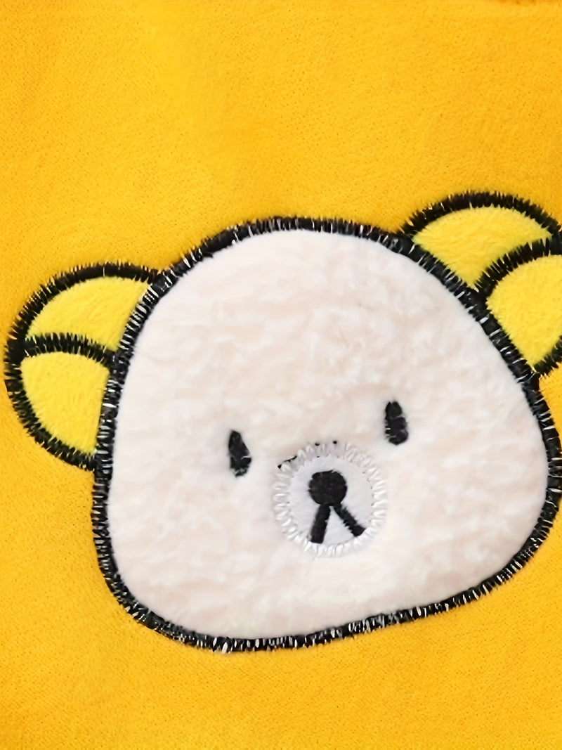 Conjunto de tres piezas de abrigo con capucha de terciopelo de doble cara para niñas pequeñas con dibujos de oso, sudadera y pantalones, para otoño e invierno, con gorro grueso y casual, para exteriores.