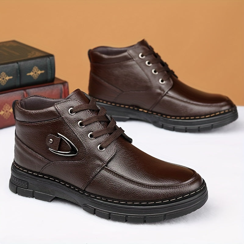 Botas de cuero para hombre, calzado térmico de invierno, botas de senderismo cortavientos con forro afelpado