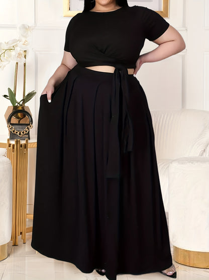Plus Size Women's Solid Color Cross Tie Maxi Skirt Set, Casual Polyester Knit Dress with Short Sleeves, Round Neck, Pullover, Elastic Fabric, Fashionable Two-Piece Outfit
