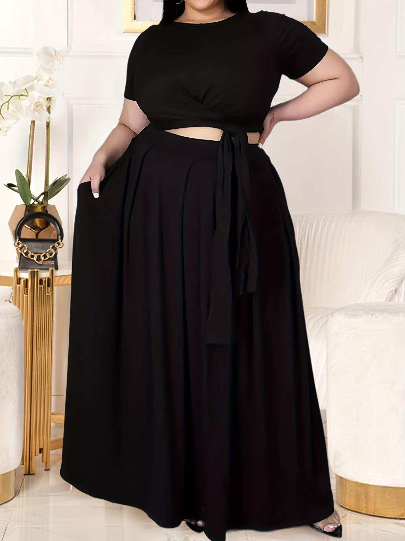 Plus Size Women's Solid Color Cross Tie Maxi Skirt Set, Casual Polyester Knit Dress with Short Sleeves, Round Neck, Pullover, Elastic Fabric, Fashionable Two-Piece Outfit